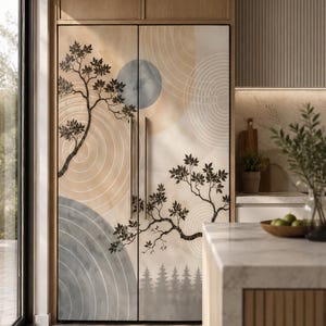 Japandi Fridge Decal, Peel and Stick Refrigerator Wrap, Zen Tree Vinyl Sticker, Minimalist Appliance Cover, Wabi Sabi Kitchen, Custom Size