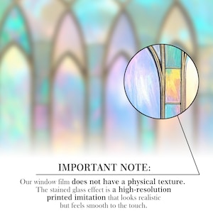 May include: A digitally rendered image of a stained glass window effect. The design features arched shapes in pastel colors, with a close-up showing the details of the printed imitation. Text at the bottom reads: "IMPORTANT NOTE: Our window film does not have a physical texture."