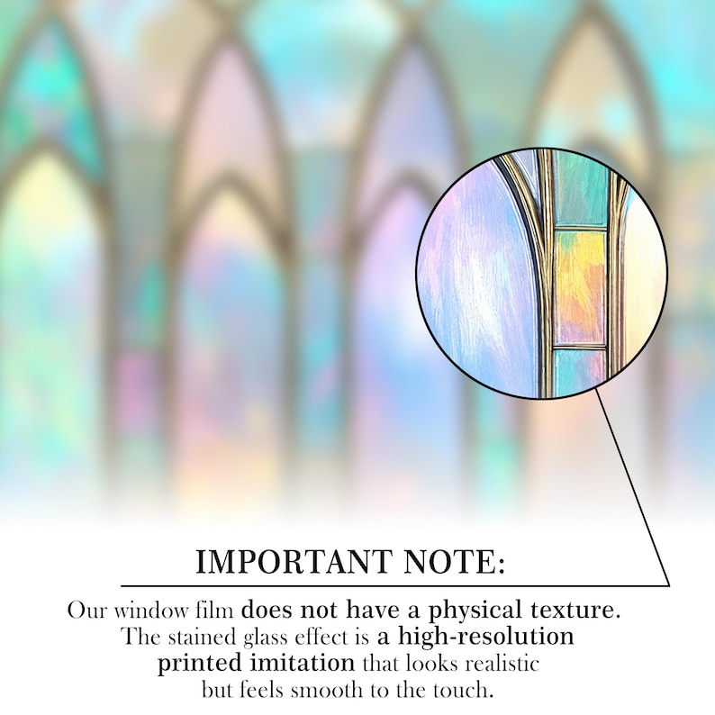 May include: A digitally rendered image of a stained glass window effect. The design features arched shapes in pastel colors, with a close-up showing the details of the printed imitation. Text at the bottom reads: "IMPORTANT NOTE: Our window film does not have a physical texture."