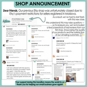 Puede incluir: Anuncio de la tienda con rese&ntilde;as de clientes. La imagen presenta texto sobre el cierre y la reapertura de una tienda, junto con comentarios positivos de los clientes. Las rese&ntilde;as destacan la calidad del producto y el servicio al cliente.