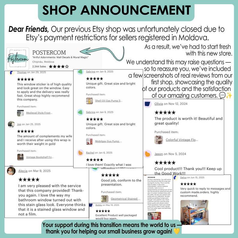 Puede incluir: Anuncio de la tienda con rese&ntilde;as de clientes. La imagen presenta texto sobre el cierre y la reapertura de una tienda, junto con comentarios positivos de los clientes. Las rese&ntilde;as destacan la calidad del producto y el servicio al cliente.