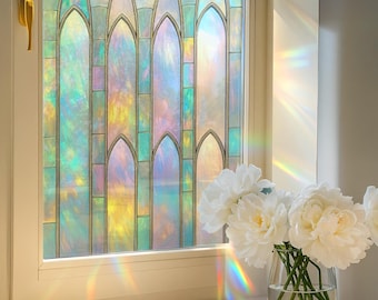 Rainbow Gothic Arch Stained Glass Window Film – Colorful Privacy Cling, Peel and Stick Vinyl Decal for Bathroom or Home Decor, Custom Size