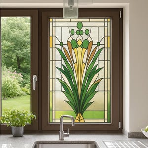 Vintage Stained Glass Window Privacy Film –  Botanical Static Cling Vinyl Sticker | Peel and Stick for Kitchen or Bathroom | Custom Size