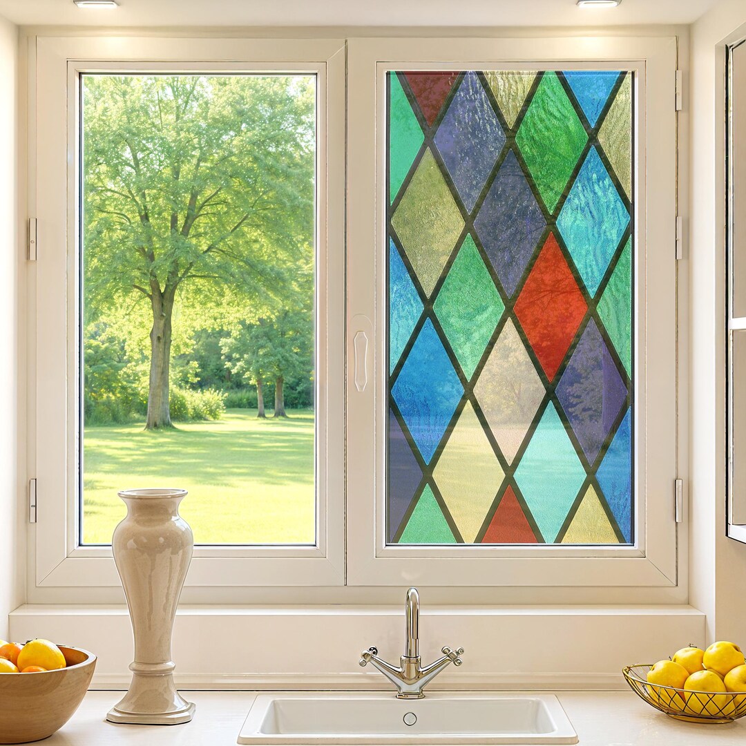 Diamond Pattern Stained Glass Window Film – Colorful Privacy Cling ...