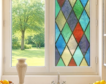 Diamond Pattern Stained Glass Window Film – Colorful Privacy Cling | Peel & Stick Vinyl Decal for Kitchen or Bathroom, Custom Size Available