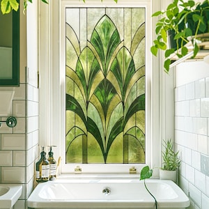 Art Deco Green Leaves Stained Glass Window Film – Custom Size Peel & Stick Privacy Vinyl, Green geometry Decorative Film, Custom Size