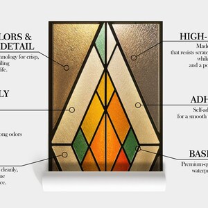 Puede incluir: Un dise&ntilde;o de vidriera con un patr&oacute;n geom&eacute;trico en tonos dorados, naranjas, verdes y blancos. La imagen destaca caracter&iacute;sticas como colores vibrantes, alto detalle, tintas ecol&oacute;gicas y alta durabilidad. El texto tambi&eacute;n menciona el tipo de adhesi&oacute;n y el material base.