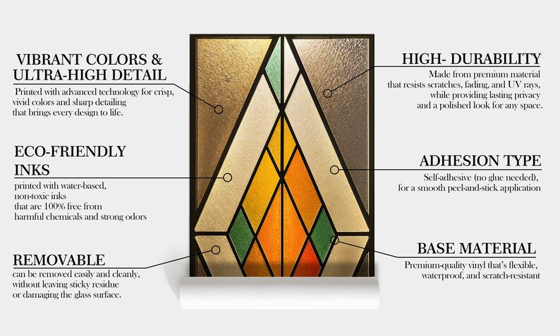 Puede incluir: Un dise&ntilde;o de vidriera con un patr&oacute;n geom&eacute;trico en tonos dorados, naranjas, verdes y blancos. La imagen destaca caracter&iacute;sticas como colores vibrantes, alto detalle, tintas ecol&oacute;gicas y alta durabilidad. El texto tambi&eacute;n menciona el tipo de adhesi&oacute;n y el material base.