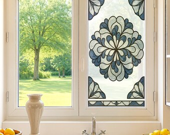 Blue Floral Mandala Stained Glass Window Film – Peel & Stick Privacy Vinyl Decal | Custom Size Static Cling for Home, Bathroom, or Kitchen