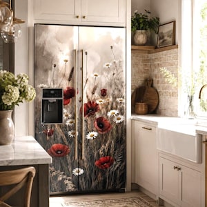 May include: A double-door refrigerator featuring a full-length exterior wrap with a watercolor-style print of red poppies, white daisies, and tall grasses against a soft, neutral background, complete with vertical metallic handles and a dispenser.