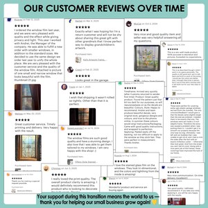 Puede incluir: Rese&ntilde;as de clientes a lo largo del tiempo, destacando pel&iacute;culas y calcoman&iacute;as para ventanas. Las rese&ntilde;as resaltan la calidad, el dise&ntilde;o y el servicio al cliente. La imagen incluye texto y valoraciones por estrellas.