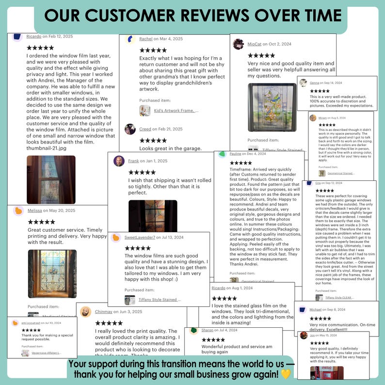 Puede incluir: Rese&ntilde;as de clientes a lo largo del tiempo, destacando pel&iacute;culas y calcoman&iacute;as para ventanas. Las rese&ntilde;as resaltan la calidad, el dise&ntilde;o y el servicio al cliente. La imagen incluye texto y valoraciones por estrellas.