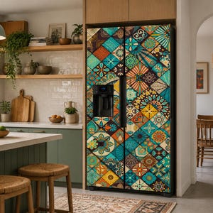 Op de afbeelding: Een side-by-side koelkast met een levendig, meerkleurig tegelpatroon op de voorste deuren. Het ontwerp bestaat uit diverse geometrische en florale motieven in tinten blauwgroen, oranje, geel en bruin, met een zwarte waterdispenser.