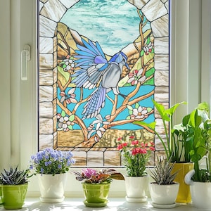 Bluebird Stained Glass Window Film – Nature-Themed Privacy Cling, Peel & Stick Self-Adhesive Vinyl for Windows, Custom Size Available