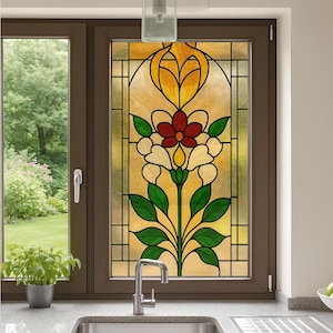 Art Deco Floral Stained Glass Window Film – Peel and Stick Decorative Privacy Cling Decal for Bathroom, Kitchen Windows | Custom Sizes