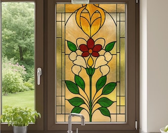 Art Deco Floral Stained Glass Window Film – Peel and Stick Decorative Privacy Cling Decal for Bathroom, Kitchen Windows | Custom Sizes