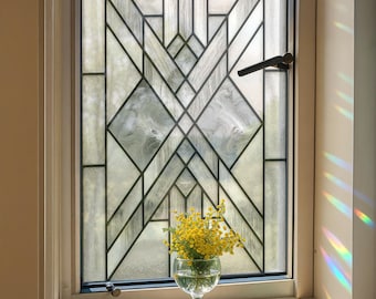 Geometric Stained Glass Window Film – Art Deco Privacy Cling, Tiffany Style, Self-Adhesive Vinyl Decal for Kitchen or Bathroom, Custom Size