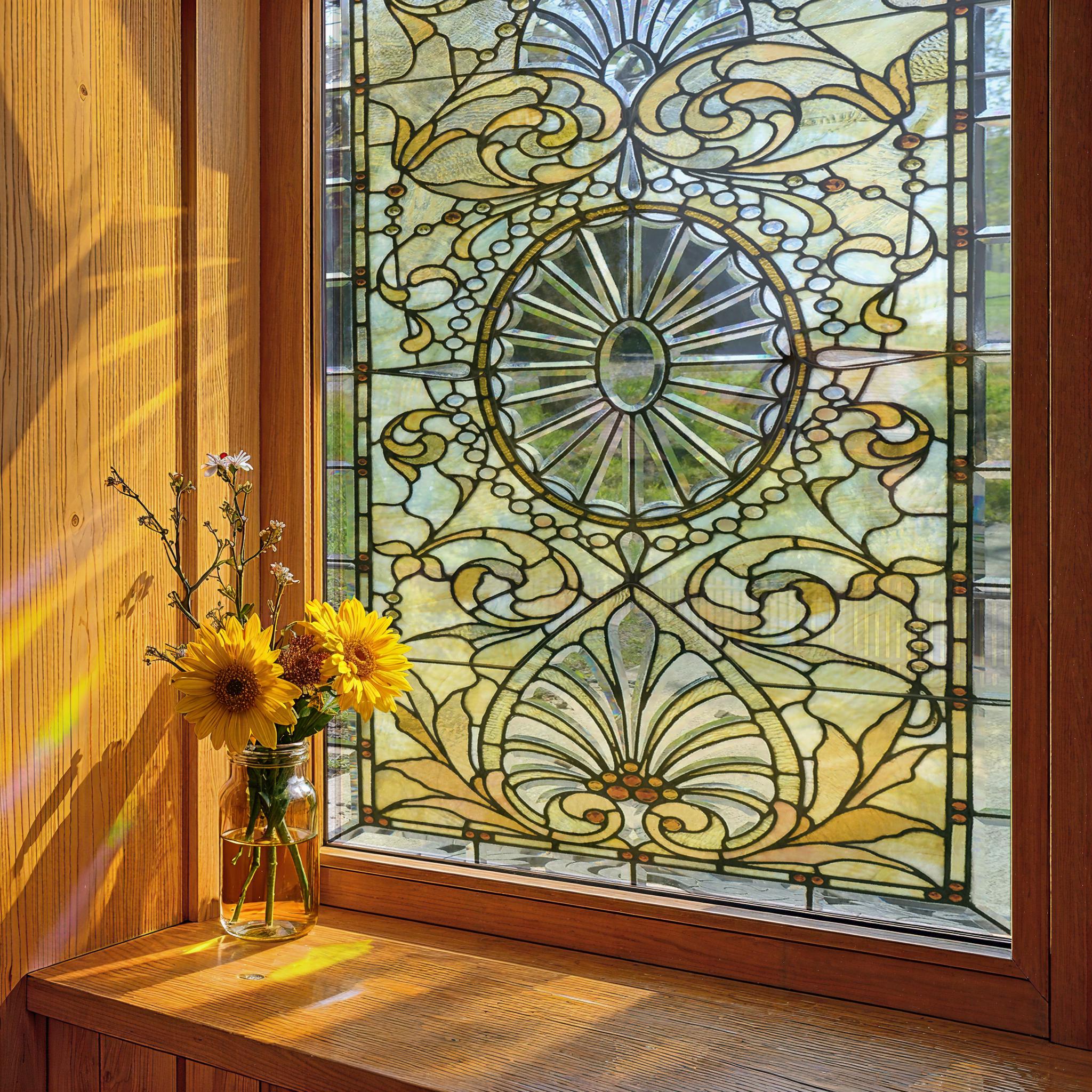 Victorian Geometric Stained Glass Window Privacy Film – Peel & Stick Vinyl Decal for Kitchen or Bathroom Glass Decor, Custom Size