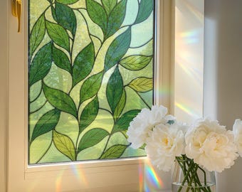 Green Leaf Stained Glass Window Film – Green Botanical Privacy Cling, Self Adhesive Peel & Stick Vinyl Decal for Home Decor, Custom Size