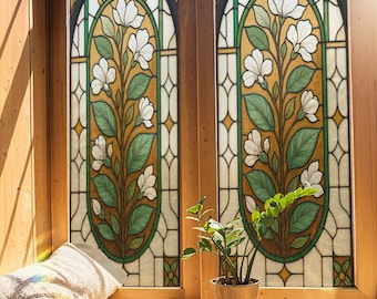 Antique Magnolia Stained Glass Window Film – Peel & Stick Decorative Privacy Cling for Bathroom, Kitchen Windows | Custom Sizes Available