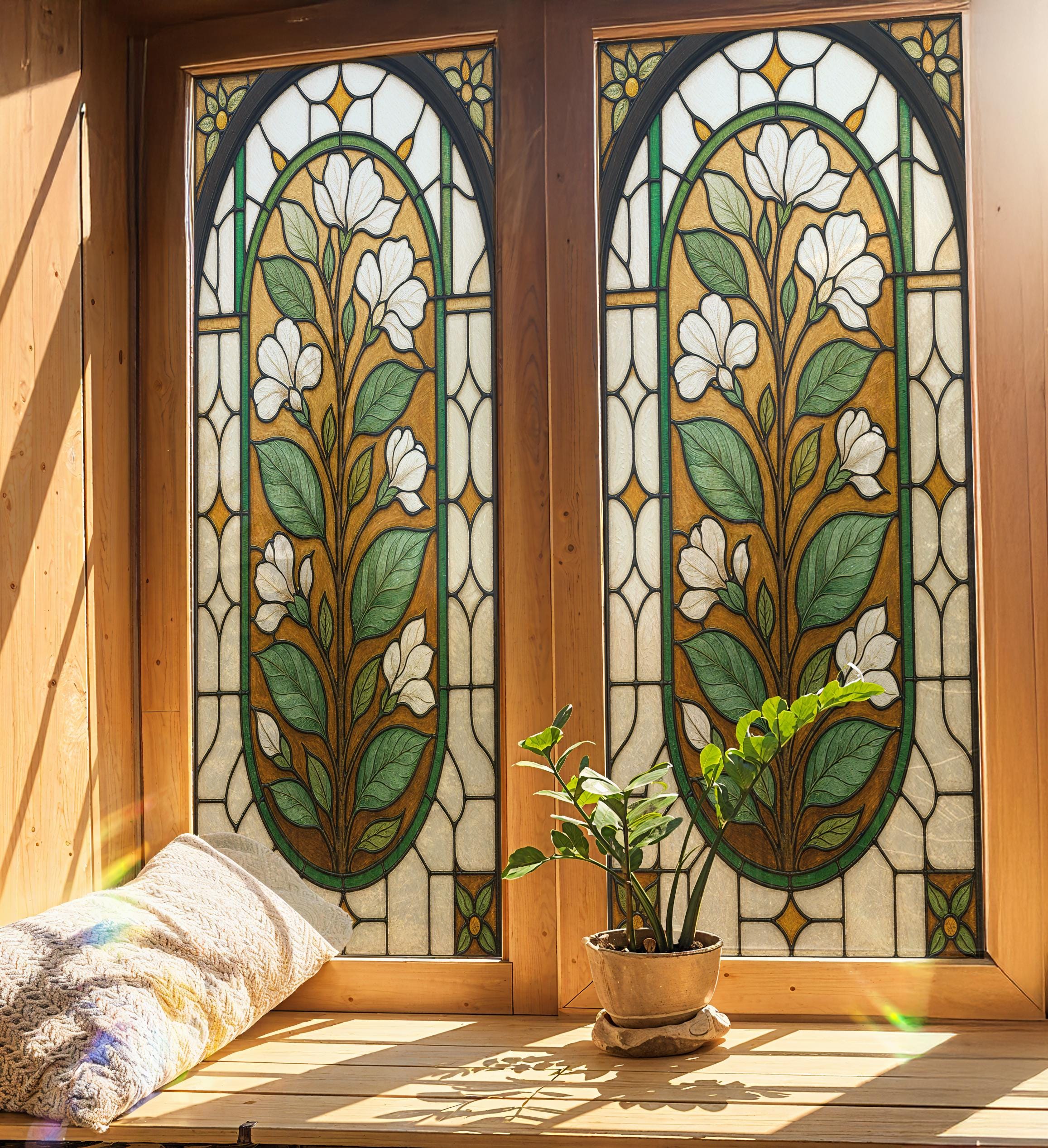 Antique Magnolia Stained Glass Window Film – Peel & Stick Decorative Privacy Cling for Bathroom, Kitchen Windows | Custom Sizes Available