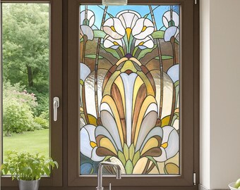 Iris Stained Glass Window Film – Vintage Floral and Geometric Design, Peel & Stick Privacy Vinyl for Home, Removable Sticker, Custom Size