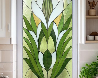 Green Art Deco Botanical Stained Glass Window Film –Custom Size Peel & Stick Privacy Vinyl, Kitchen or Entryway, Geometry style, Custom Size