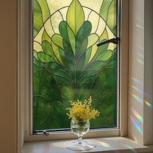 Green Leaf Stained Glass Window Film – Privacy Static Cling, Botanical Peel & Stick Vinyl Decal for Home or Bathroom, Custom Size Available