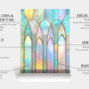 May include: A roll of stained glass window film with a colorful, iridescent design. The film features arched window shapes in shades of blue, yellow, and green. The text on the image describes the product's features.