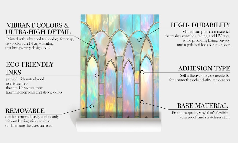 May include: A roll of stained glass window film with a colorful, iridescent design. The film features arched window shapes in shades of blue, yellow, and green. The text on the image describes the product's features.