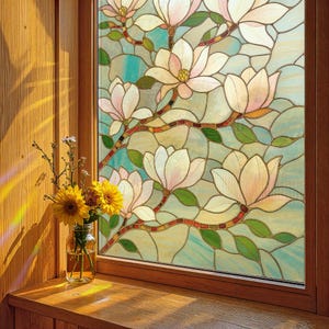 Película para vitrales con diseño de flores de magnolia: autoadhesiva, despegable y adhesiva, con efecto de privacidad, para baño y cocina. Tamaños personalizados.