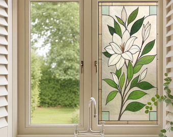 White Lily Stained Glass Window Film- Large Floral Privacy Cling, Peel &Stick Vinyl Decal, Self Adhesive Sticker, Custom Size for Home Decor