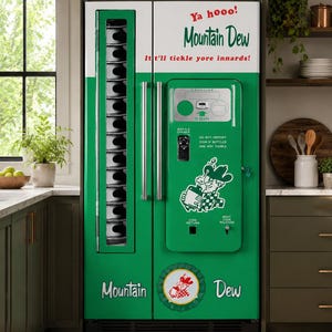 以下が含まれることがあります： ヴィンテージのMountain Dew自動販売機を模した緑と白の冷蔵庫。Ya hooo! Mountain Dew It t'll tickle yore innards!という文字、縦型のガラスディスプレイ、コイン投入口、マスコットキャラクターのグラフィックが特徴です。