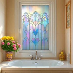 Rainbow Stained Glass Window Film – Self-Adhesive Peel & Stick Privacy Cling, Arched Vinyl Decal for Bathroom and Kitchen | Custom Sizes