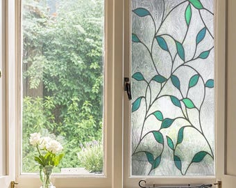 Leaves Stained Glass Window Film – Green Botanical Privacy Decal | Peel &Stick Static Cling, Custom Size Vinyl for Bathroom or Kitchen Decor