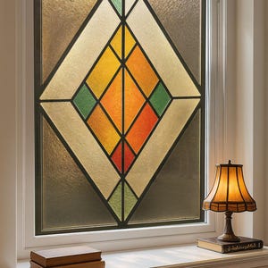 Puede incluir: Una ventana con un dise&ntilde;o de vidriera con forma de diamante con patrones geom&eacute;tricos naranjas, amarillos, verdes y rojos. Una peque&ntilde;a l&aacute;mpara con una pantalla de vidriera se encuentra sobre un libro en un alf&eacute;izar, con dos libros debajo.