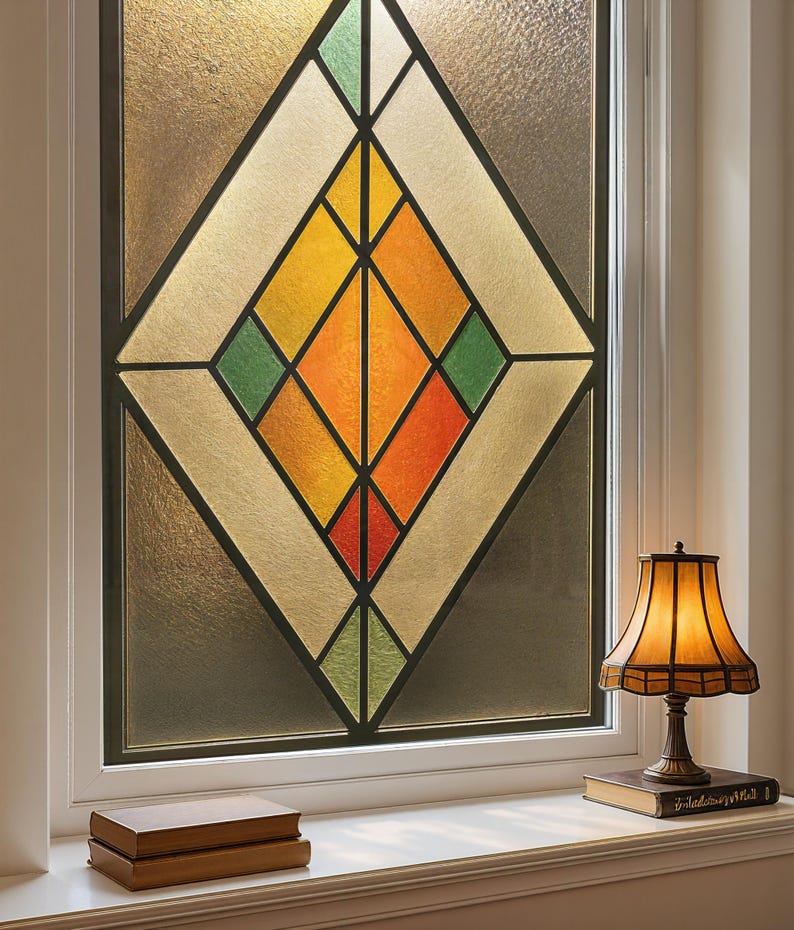 Puede incluir: Una ventana con un dise&ntilde;o de vidriera con forma de diamante con patrones geom&eacute;tricos naranjas, amarillos, verdes y rojos. Una peque&ntilde;a l&aacute;mpara con una pantalla de vidriera se encuentra sobre un libro en un alf&eacute;izar, con dos libros debajo.