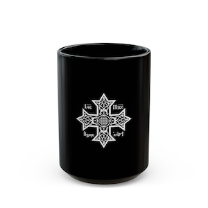 Coptic Cross Mug, Christian Faith Ceramic Cup, Religious Coffee Mug, Religious Gift, Black Drinkware, Coptic Symbols | Faith-Inspired