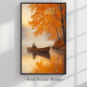 Herbst See Wand Kunst Fischerboot Druck Nebliger Morgen Herbst Landschaft Malerei Rustikales Cabin Decor Ruhige Natur Inspiriertes Kunstwerk 541