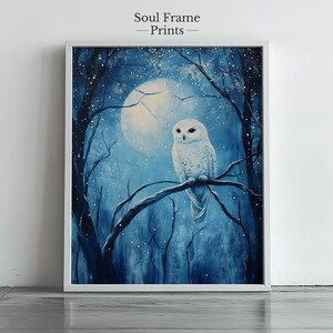 Snowy Owl Wall Art Printable Full Moon Winter Forest Scene Digital Wildlife Bird Art Nocturnal Animal Decor Nordic Night Sky Download 453