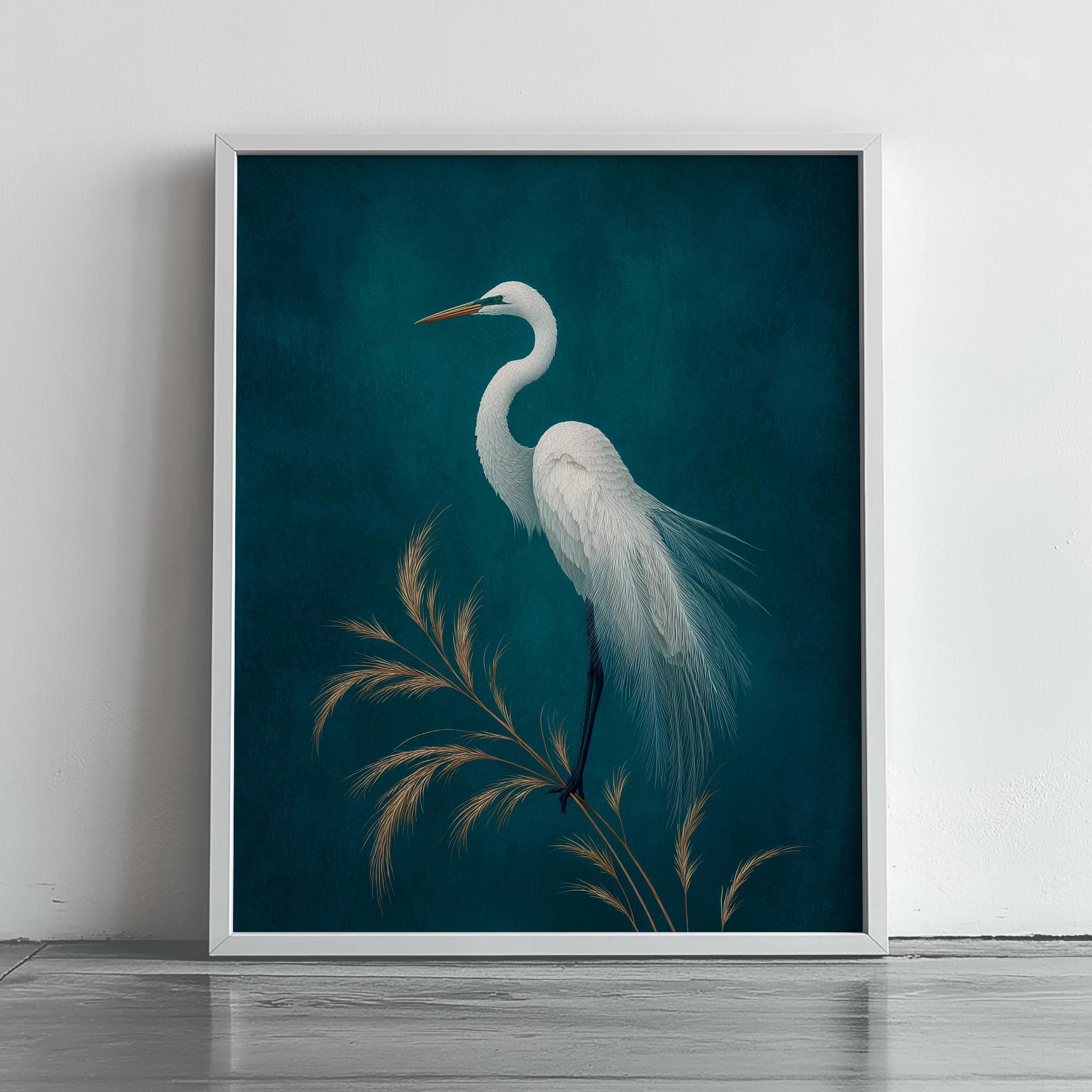 white egret wall art printable elegant bird illustration coastal decor modern nature artwork nordic minimalist heron digital download