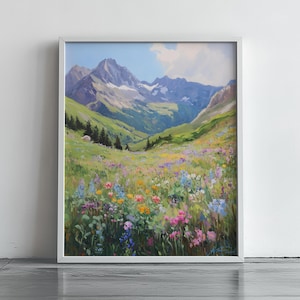 Wildblumen Wiese und Berglandschaft Wand Kunst, Rustikale Cottagecore Dekor, Digital Download Majestätisches Bergtal im Sommer 278