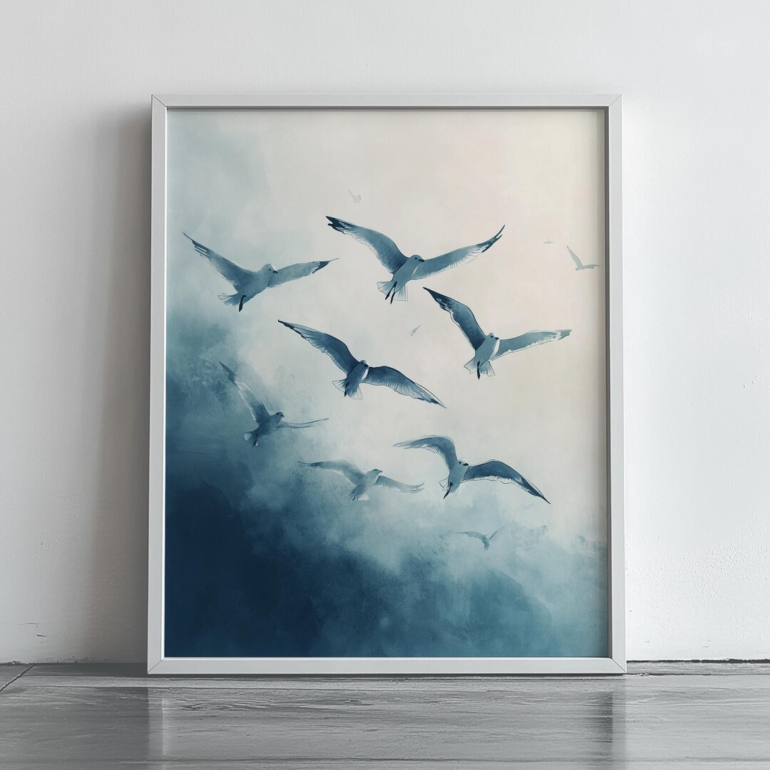 Minimalist Seagull Wall Art, Soft Watercolor Ocean Sky Print, Peaceful ...