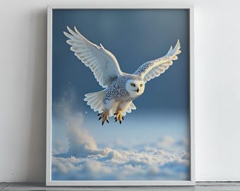 Snowy Owl in Flight Wall Art Majestic Printable Wall Art, Rustic Nature Decor, Cottagecore Wildlife Art, Digital Painting 352