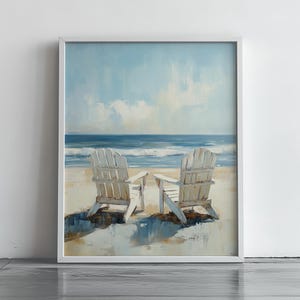 Adirondack Chairs on Beach Wall Art, Seaside Tranquility, Summer Wall Decor, Coastal Beach Scene with Adirondack Chairs Digital Painting 332