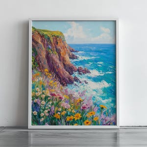 Coastal Cliffside Wildflower Oil Painting  - Sunlit Seaside Scene, Vibrant Printable Wall Art, Summer Ocean Decor, Digital Download 287