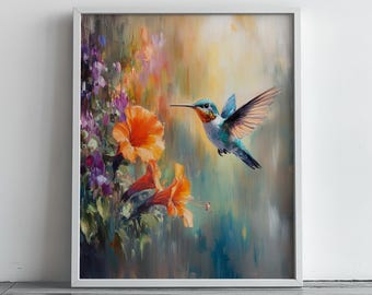 Colorful Hummingbird Wall Art Print - Vibrant Nature Art, Colorful Spring Decor, Printable Wildlife Wall Art, Cottagecore Scene 275