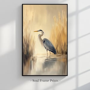 Heron in Marshland - Vintage Oil Painting of Bird, Rustic Nature Scene, Printable Wall Art, Serene Landscape Decor, Digital Download 500
