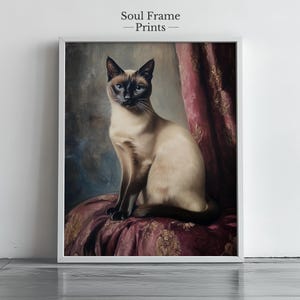 Siamese Cat Wall Art  - Elegant Feline Oil Painting, Rustic Cottagecore Decor, Classic Cat Portrait Wall Art, Digital Print 372