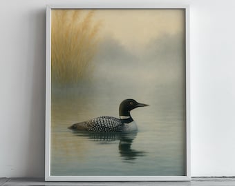 Tranquil Loon on Misty Pond - Printable Serene Wildlife Art, Calm Nature Scene, Rustic Wall Decor, Peaceful Lake Landscape Painting 237